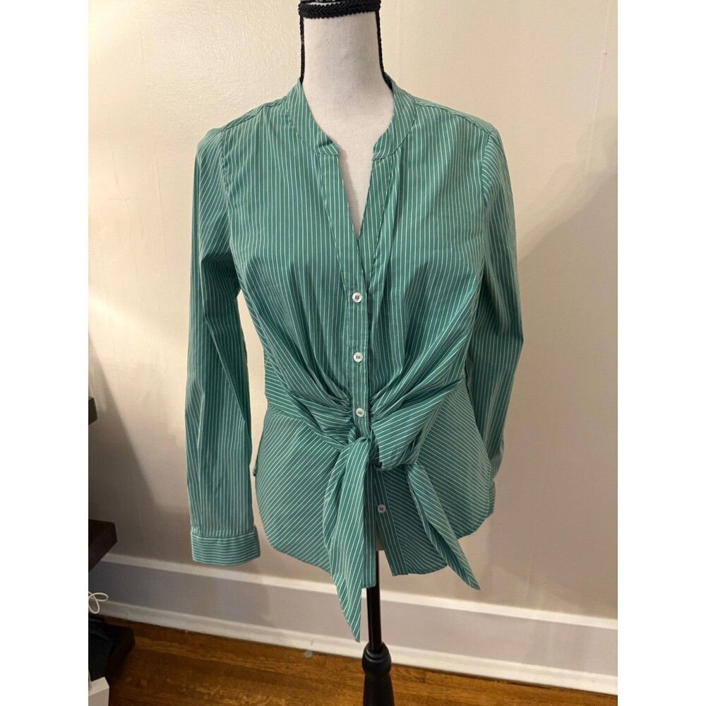 Anthropologie Maeve button down shirt women size 2 green striped front tie long